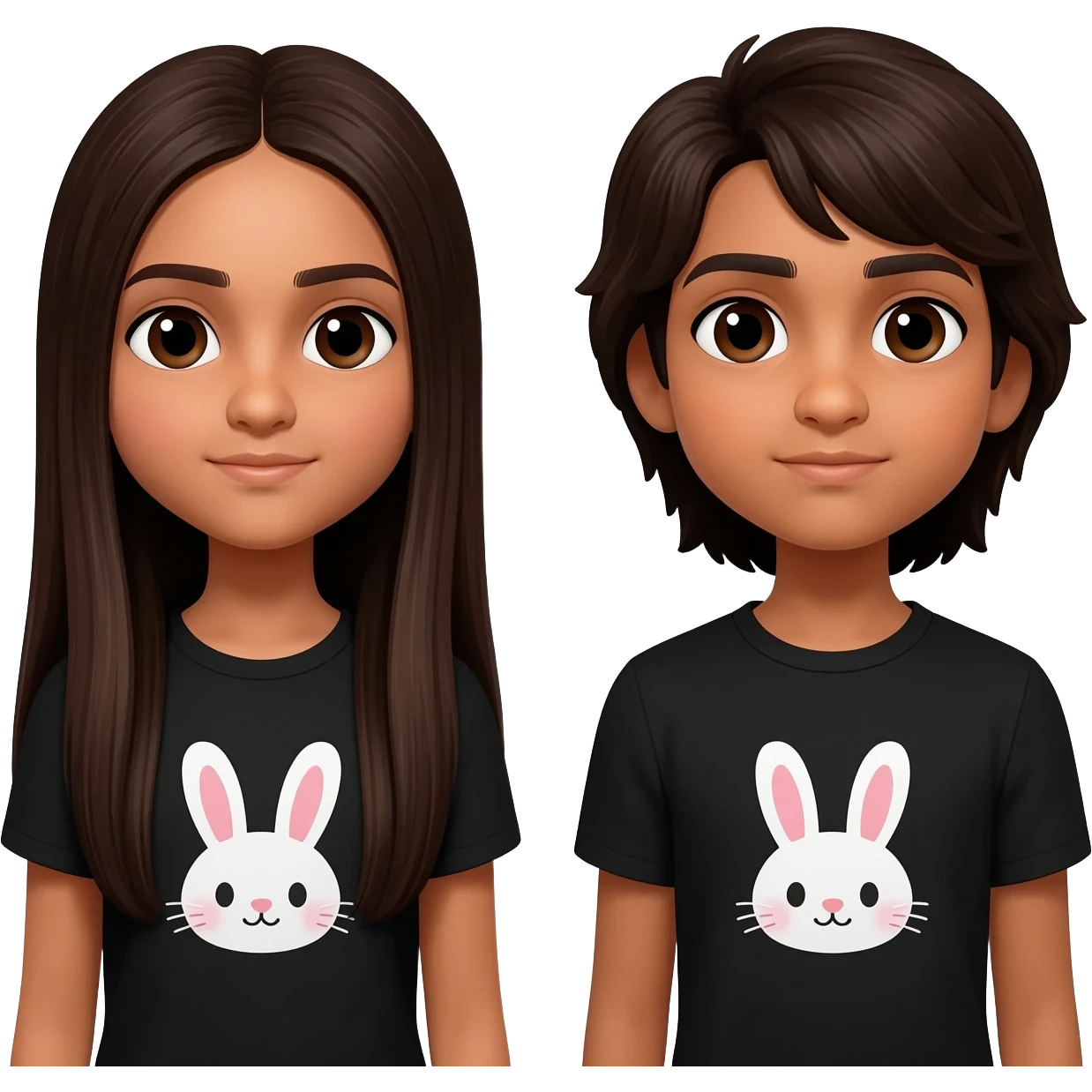 two identical friend. both look like 13 year olds. No smile lines, make the bunnies kawaii and the shirt black. Both have matching bunny shirts and have PIN STRAIGHT HAIR One has super long dark brown hair that goes to waist, one has long hair that is also dark brown. They both have Indian skin emoji