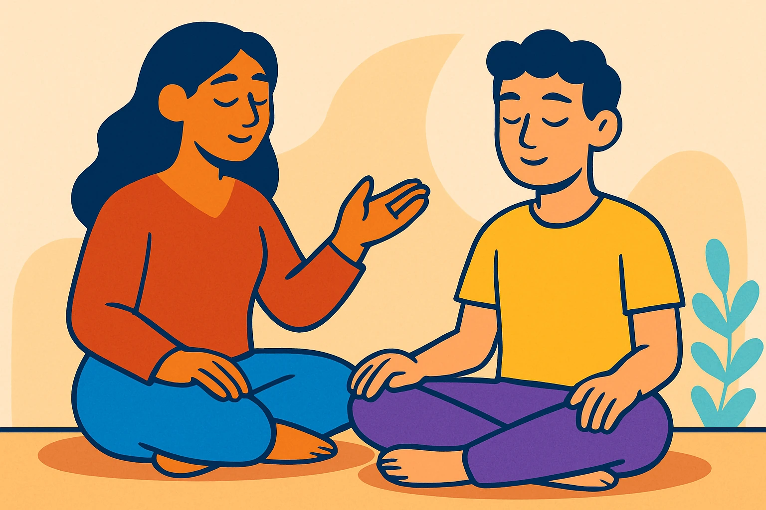 one on one guided meditation session, with a coach and a student, peaceful emoji