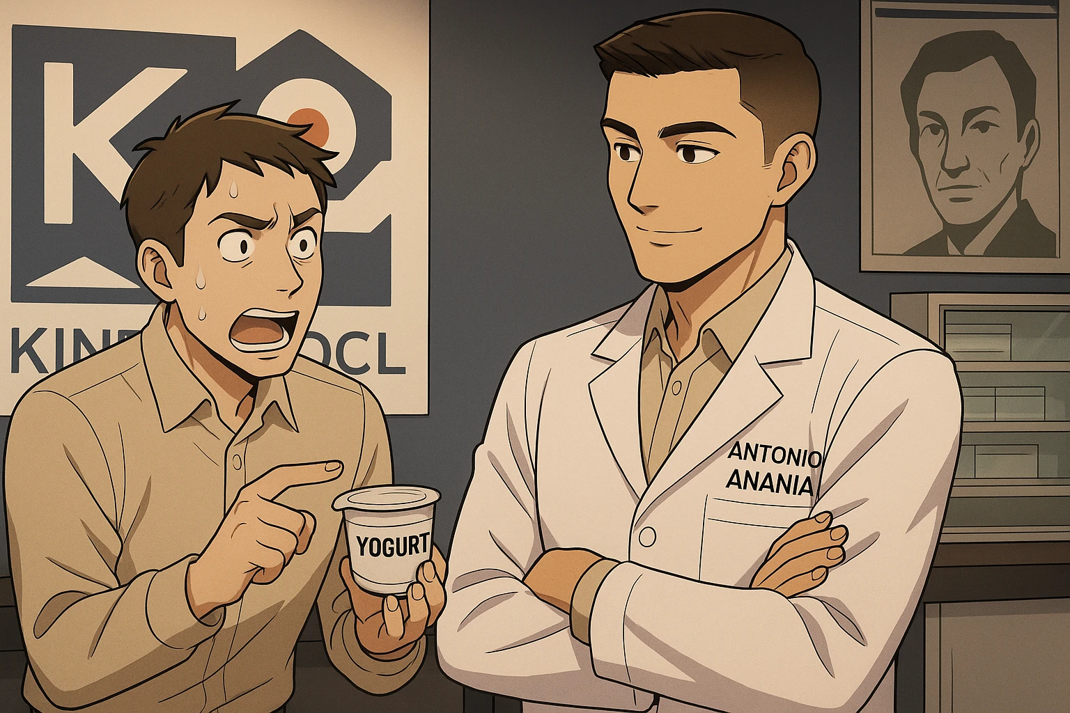 fai un webtoon manga a colori con questo stile, in cui un uomo chiede al kinesiologo con il camice bianco (fagli anche la scritta "ANTONIO ANANIA" SUL CAMICE, una domanda e il kinesiologo gli risponde, L'UOMO INDICA LO YOGURT CHE HA IN MANO ED è MOLTO ALLARMATO NEL FARE LA DOMANDA. non fare i fumetti però, fai solo in modo che sembri stiano parlando emoji