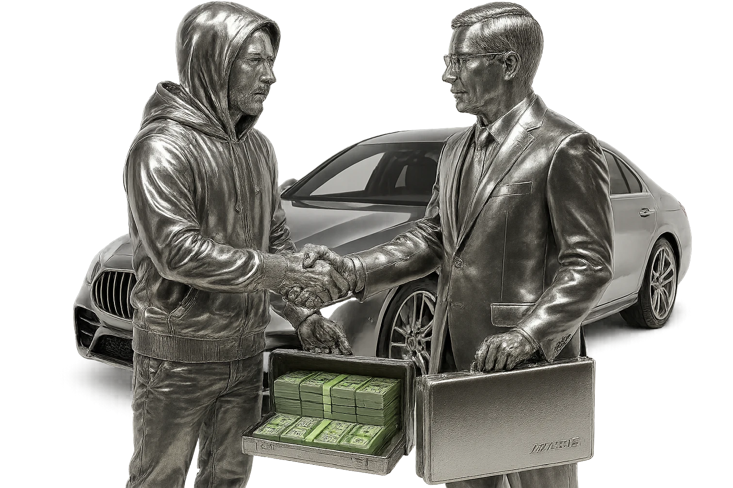 Add natural skin colors to the white man and the Chinese man, keep the chrome hoodie, and add green color to the dollar bills in the briefcase. Keep the AMG car as is. Transparent background. emoji