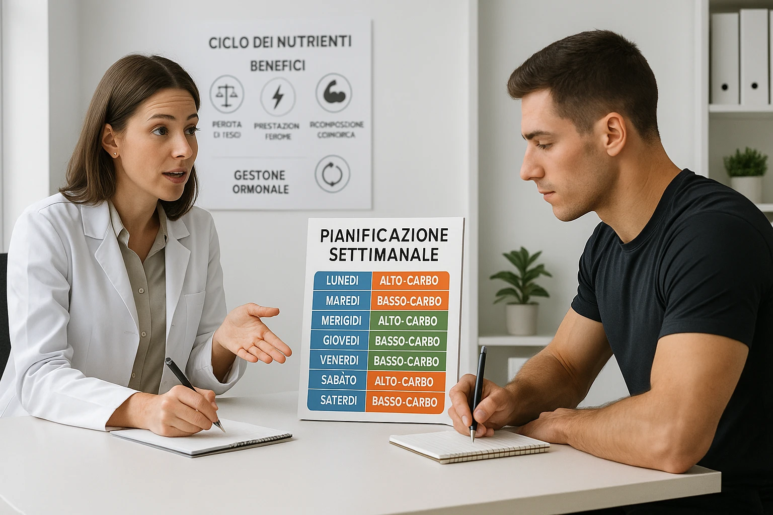 professional scene with a nutritionist explaining to an athlete how to cycle macronutrients for weight loss and training. On the desk, a vertical weekly planner with alternating high-carb and low-carb days, color-coded sections for proteins, fats, and carbohydrates, all text in Italian written vertically. The athlete is taking notes. In the background, a chart illustrating the benefits of nutrient cycling. Educational and professional atmosphere. emoji