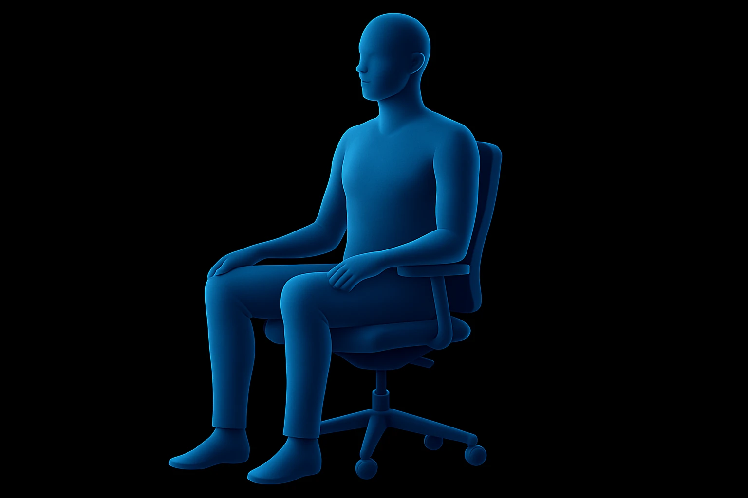 person sitting on ergonomic chair with perfect posture, comfortable and relaxed, black solid background, front view (Inspire style graphic i send you) emoji