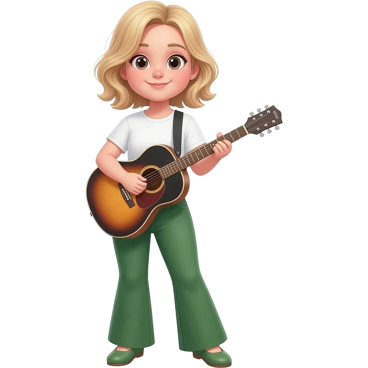 Young white girl with short chin length wavy blonde hair.  She is short and chubby.  She is wearing flared green pants, flat shoes and a white T-shirt. She is playing a guitar. emoji