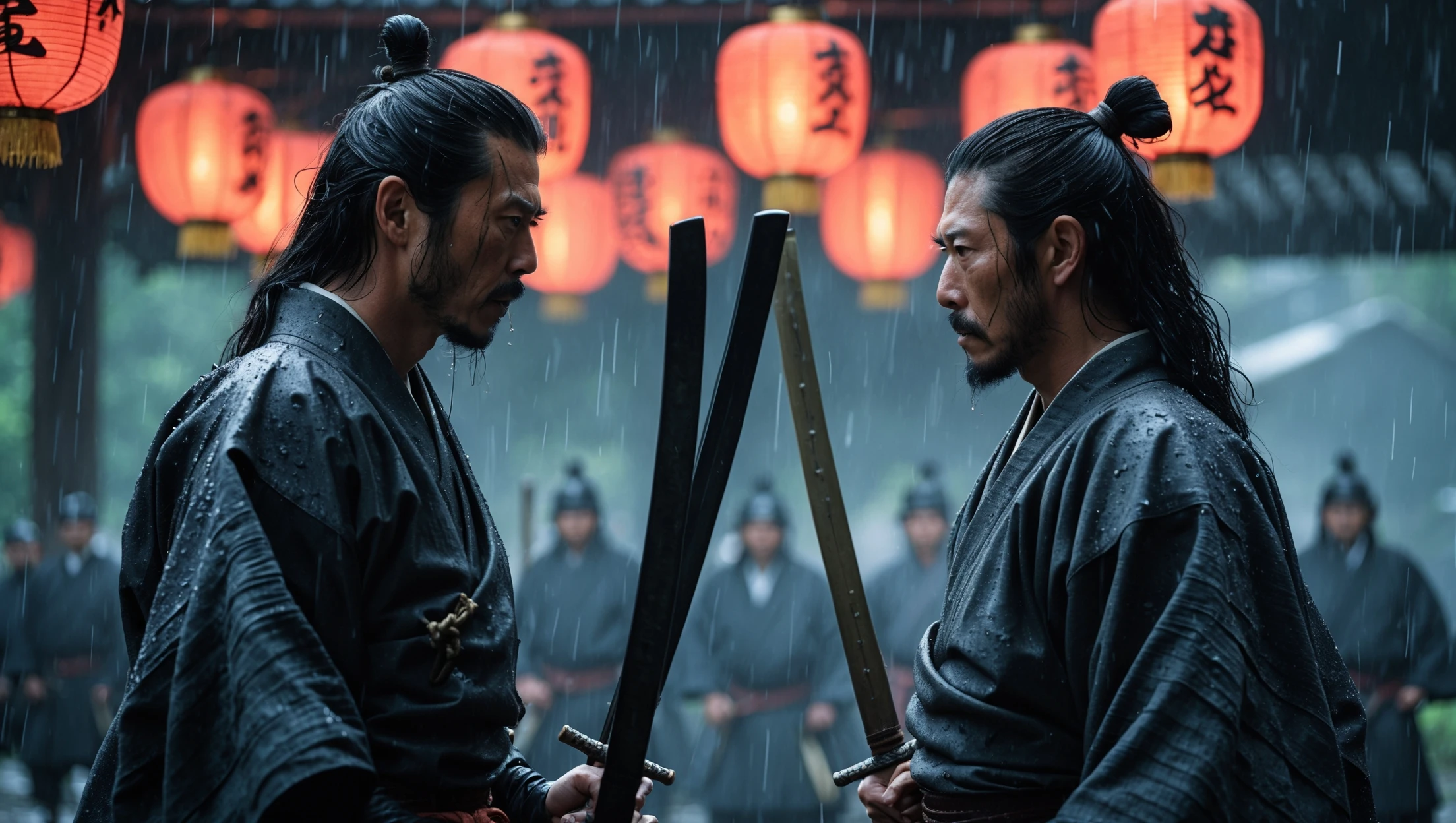 A cinematic scane from 1185, Long shot of a two japan samurai face to face ready to fight during rain, deph composition, tense atmosphere, captured by by arri alexa, film directed by wes anderson emoji