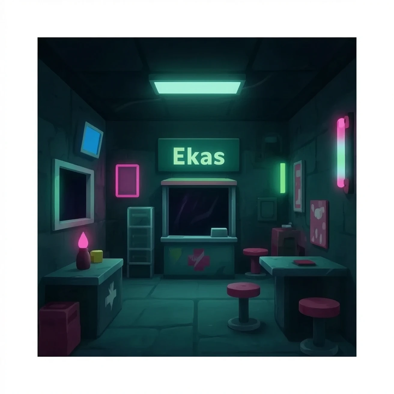 A roblox game that is called Ekas kiosk with a horror backround emoji