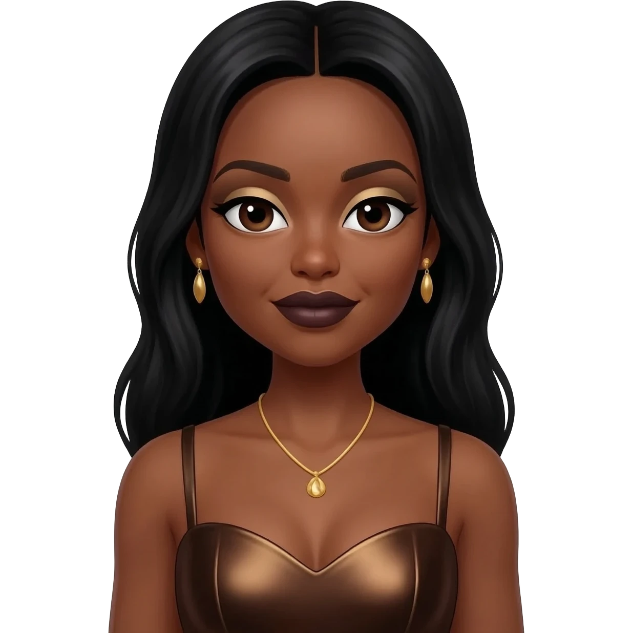 Brandy Norwood with dark brown eyes, long black hair, beige eyeshadow, dark brown lipstick, dark brown metallic sweetheart dress, gold necklace and earrings emoji