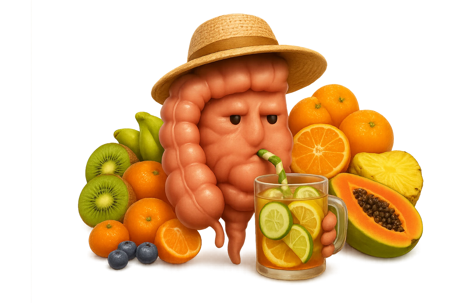 EMOJI STILE IPHONE DI INTESTINO UMANO REALISTICO CON CAPPELLO DI PAGLIA DA SPIAGGIA CHE BEVE UN Tè FREDDO IN BICCHIERE DI VETRO CON DENTRO  fette di cetriolo, limone, lime, DIETRO L'INTESTINO C'è UNA MONTAGNA DI PEZZI DI FRUTTA: Kiwi
Banana acerba
Arance e mandarini
Mirtilli
Ananas
Papaya
IPERREALISTICO 4K emoji