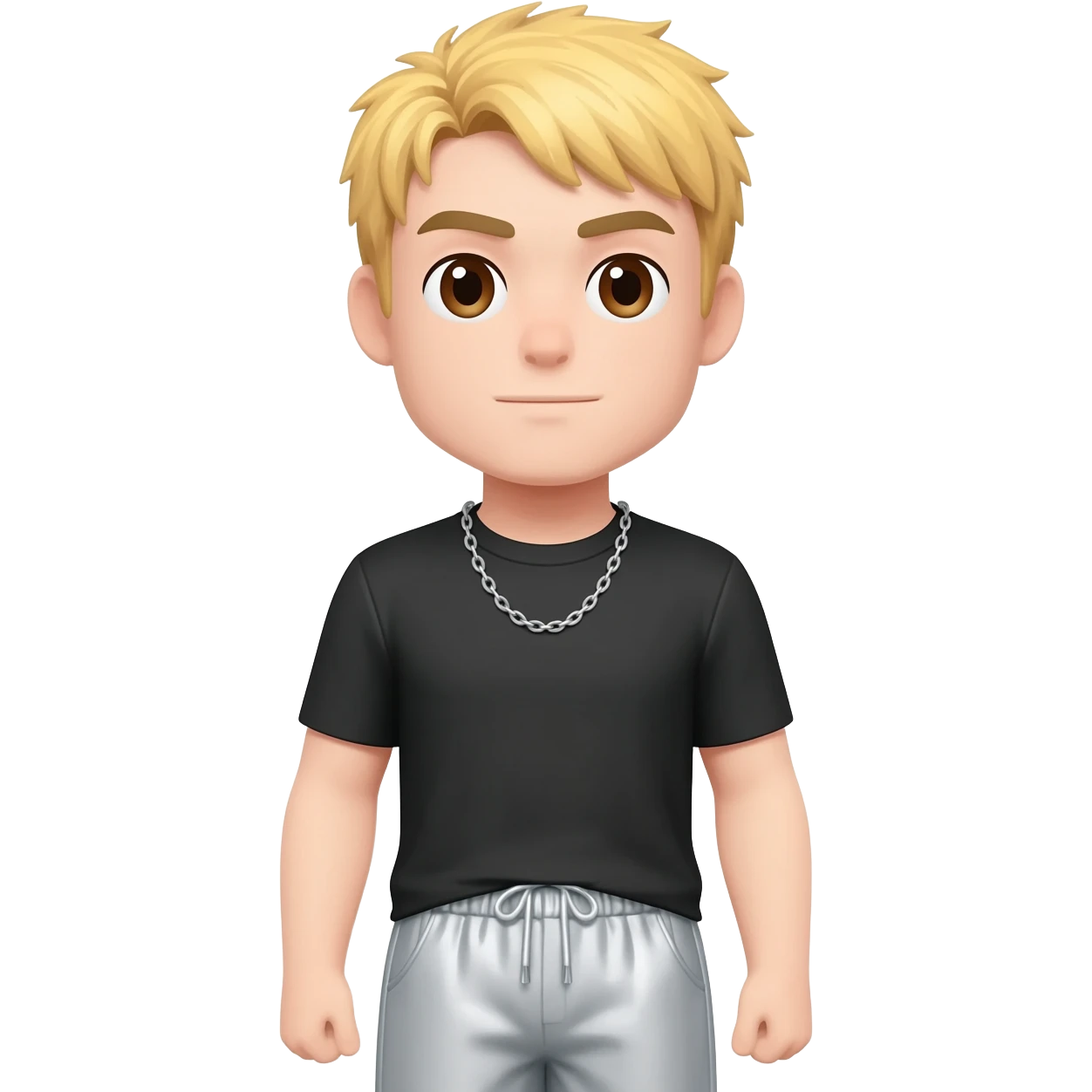 8-BitRyan with brown eyes, blonde hair, black metallic t-shirt, light grey metallic baggy pants, silver necklace emoji