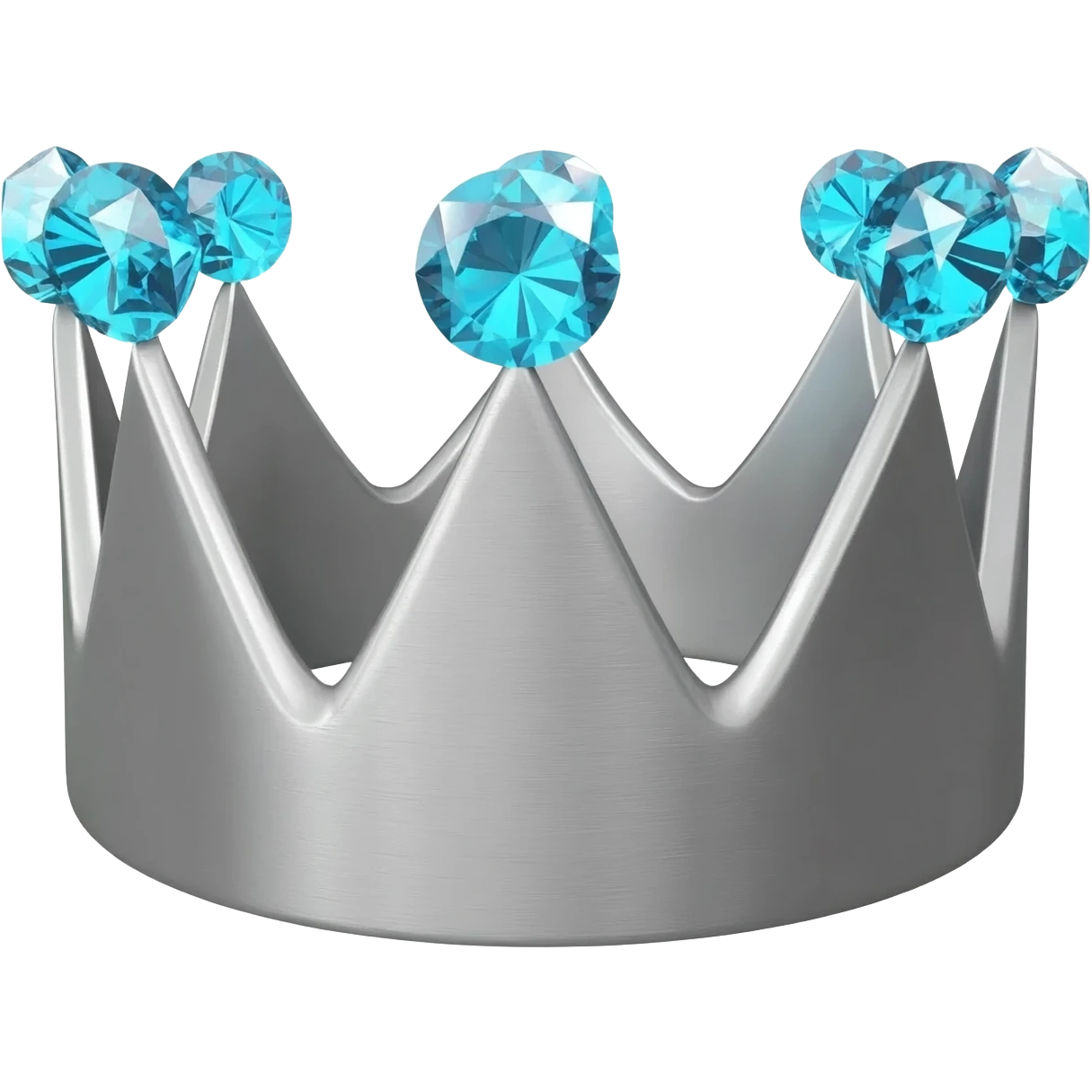 Minimalist 3D emoji based on: grey-graphite geometric crown made of cold, grey brushed steel. Integrated at the top is a severe; one large, sparkling light blue diamond is set precisely on each of its points. Soft, even lighting, isolated for sticker quality emoji