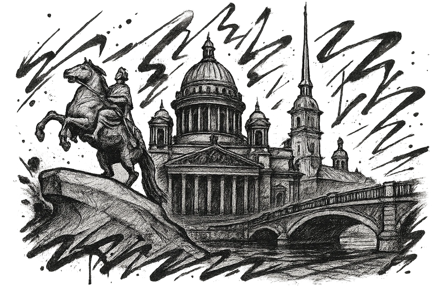 Сделай png рисунок Санкт-Петербурга в стиле граффити. Граффити черно-белое. Надписи не делай.  Рисовка в стиле Да Винчи. emoji