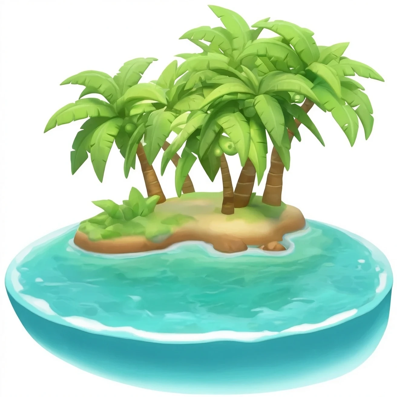 small tropical island with palm trees and turquoise lagoon, floating island, isolated, no background, transparent PNG, centered emoji