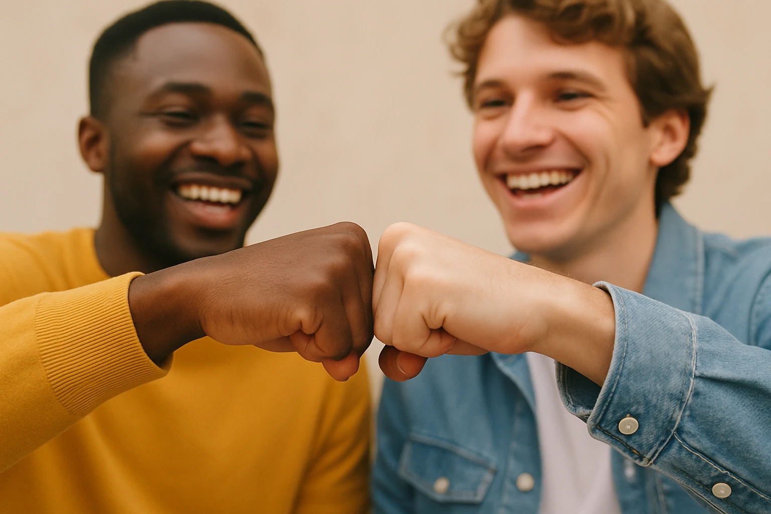 two friends making a fist bump, close-up of hands, friendly gesture, cheerful mood emoji