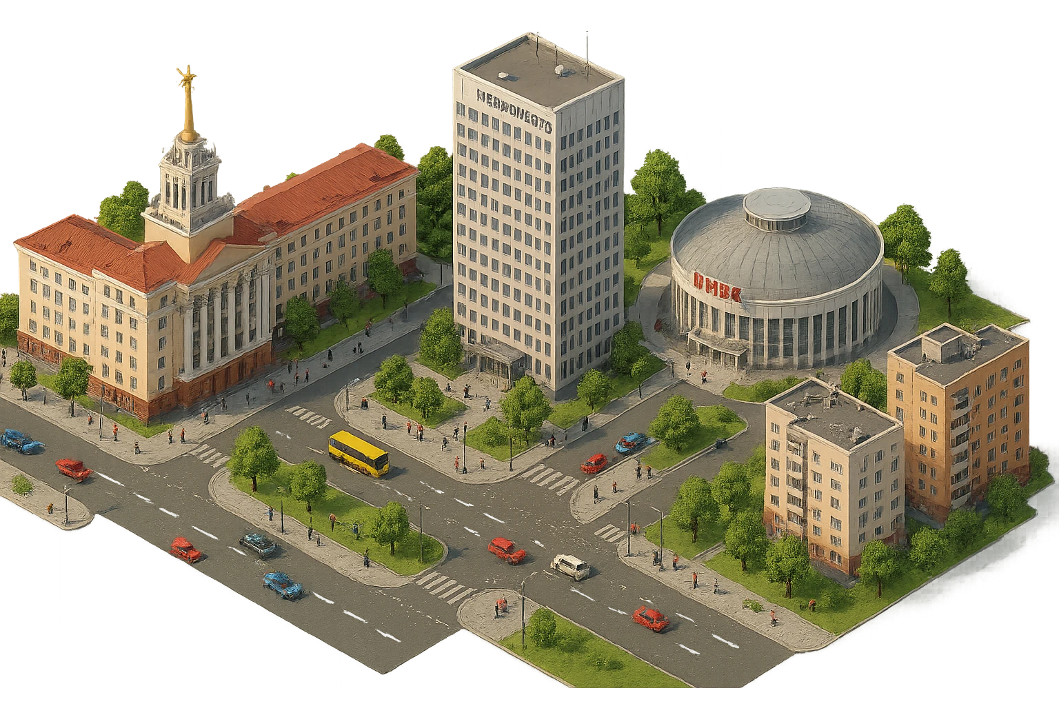 Изометричная чёткая миниатюрная фотореалистичная 3D модель панорамы Челябинска — НИУ ЮУрГУ, Здание управления Челябэнерго, Челябинский цирк, дома, люди, автотранспорт. Вид сверху в изометрии, яркие цвета, прозрачный фон, компактная композиция. emoji