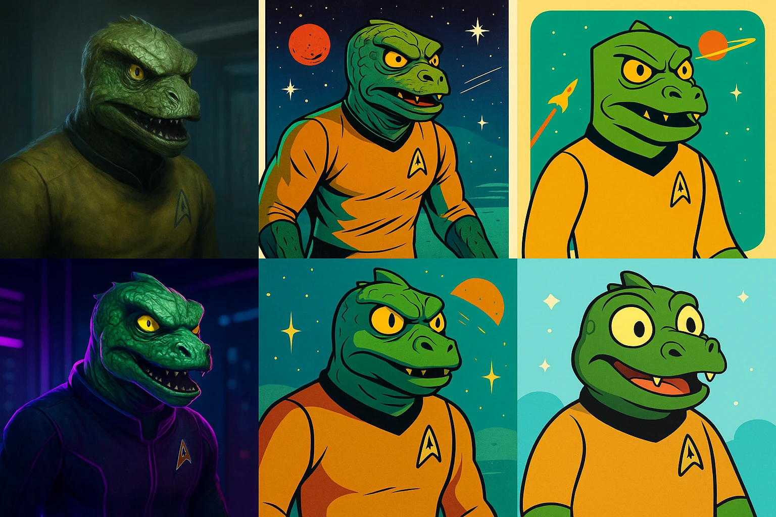 Gorn, a classic lizard-like alien with a muscular build, scaly green skin, and a fierce expression, inspired by the iconic Star Trek character, in a variety of creative styles emoji