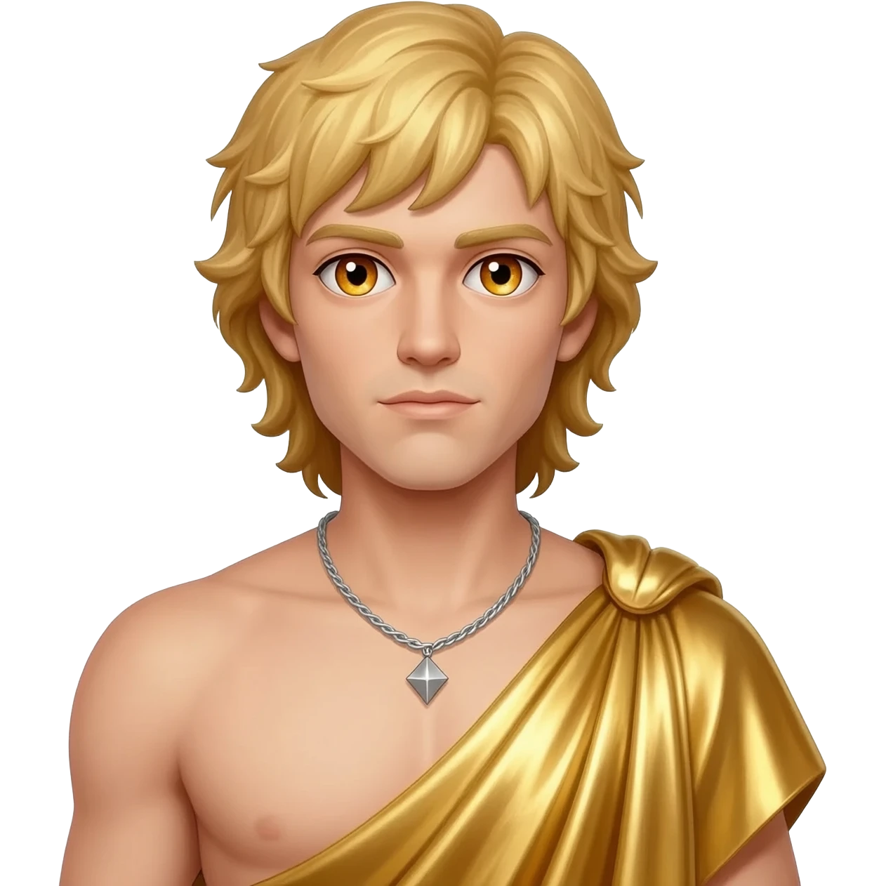 Apollo from Greek Mythology with amber eyes, long blonde hair, gold metallic toga, silver necklace emoji