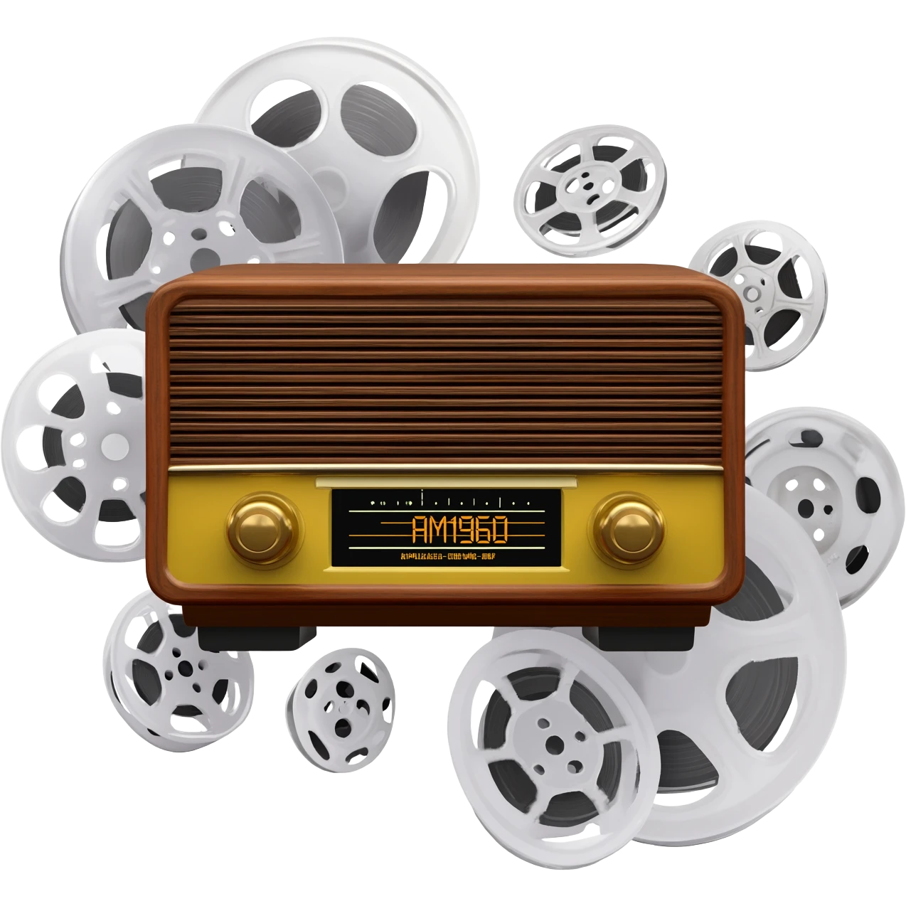 una radio que en su visor dice AM1960 en su rededor rollos de películas emoji