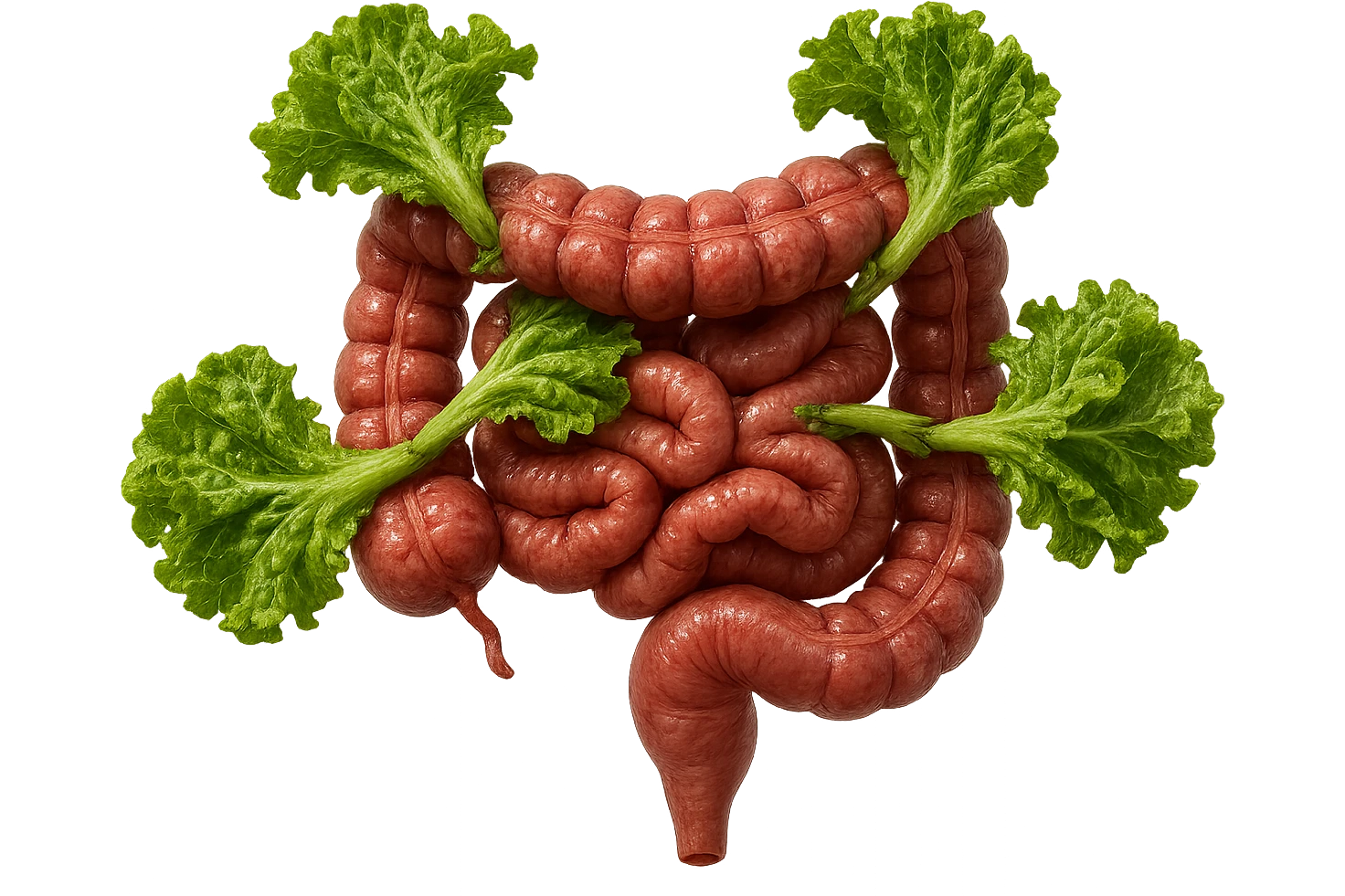 foglie di insalata che attaccano un intestino anatomico umano per distruggerlo, iperrealisticoù emoji