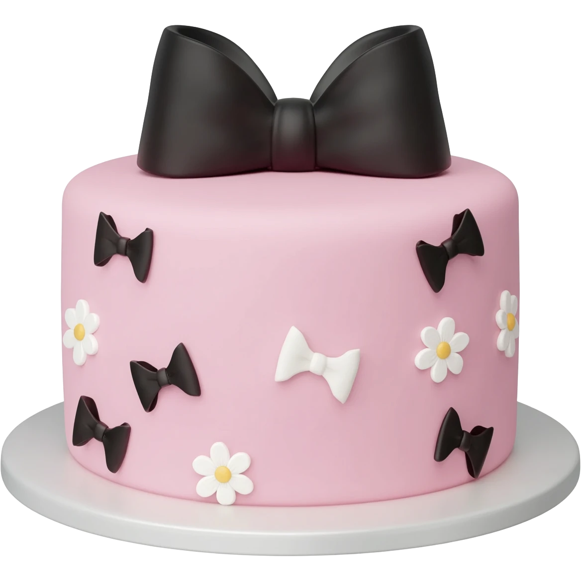 Pastel pink shaped birthday cake with black and white bows and flowers emoji