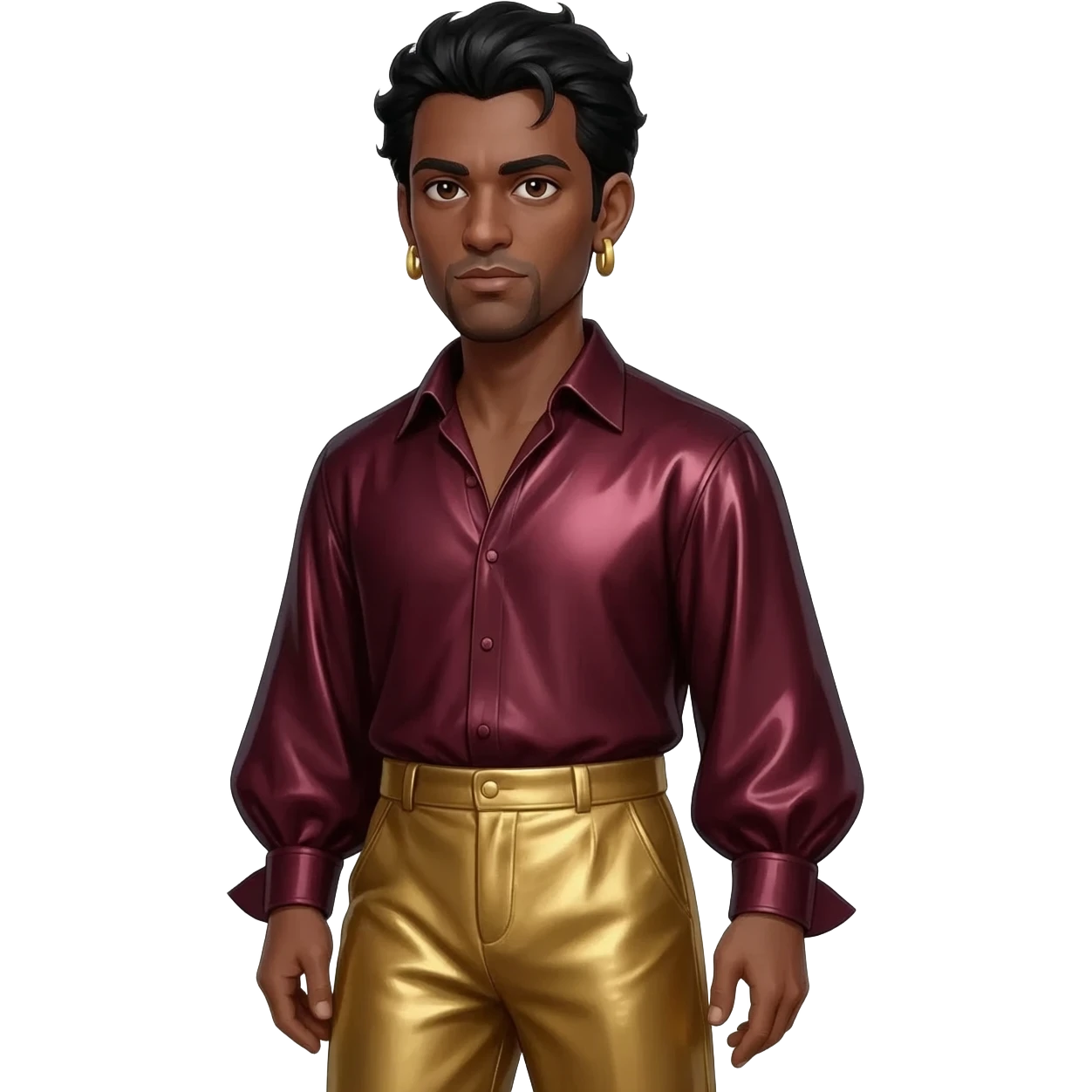 Othello from Othello with dark brown eyes, black hair, dark red metallic shirt, gold metallic baggy pants, gold and earrings emoji