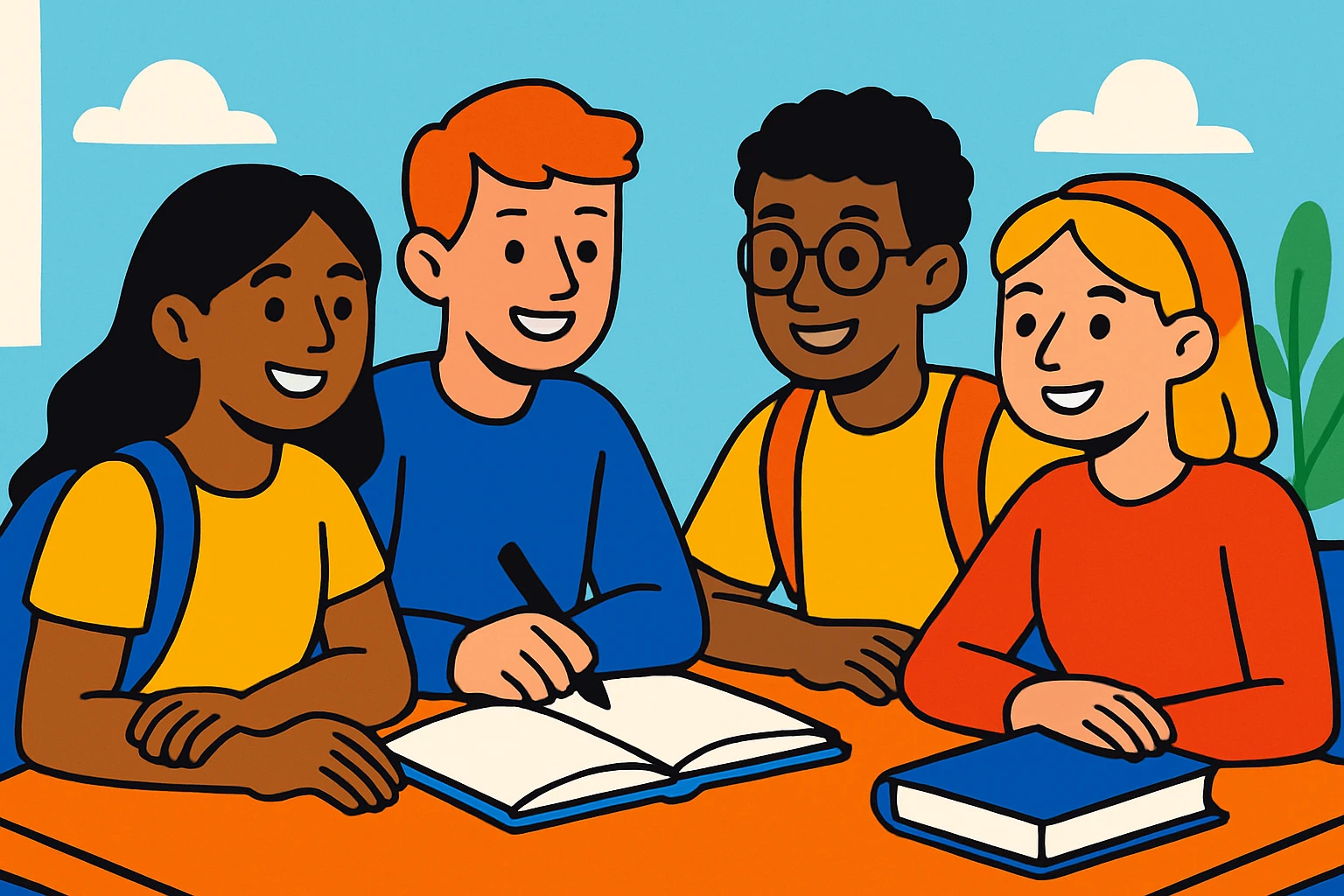 four students sitting together around a table, relaxed and smiling expressions, collaborative and friendly atmosphere, bright and pleasant background, modern illustration style emoji