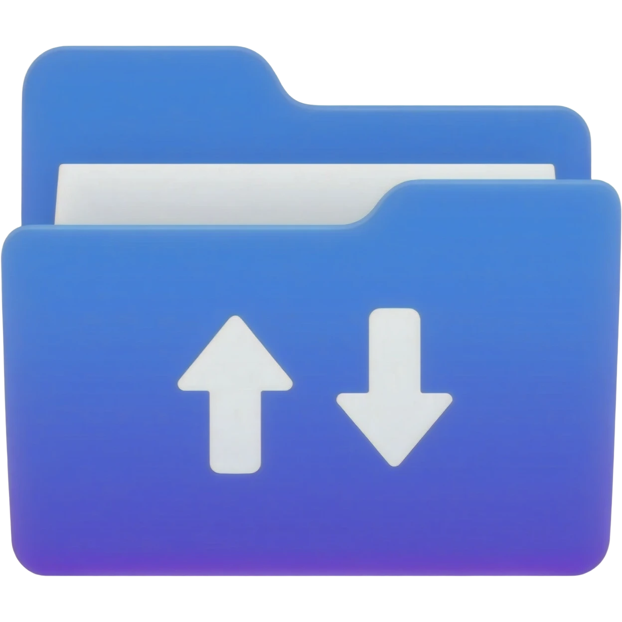 "A blue digital folder placed over a regular file folder, with a soft purple glow effect and an arrow indicating file upload and download." emoji