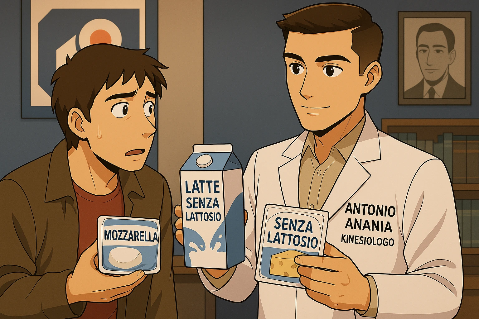 fai un webtoon manga a colori con questo stile, in cui un uomo ASCOLTA Il kinesiologo con il camice bianco (fagli anche la scritta "ANTONIO ANANIA" SUL CAMICE, IL KINESIOLOGO SPIEGA ALL'UOMO UNA MOSTRANDO VARI PRODOTTI DA SUPERMERCATO CONFEZIONATI (TIPO SCATOLA DI LATTE, MOZZARELLE CONFEZIONATE, FORMAGGIO CONFEZIONATO), OGNI CONFEZIONE HA LA SCRITTA "SENZA LATTOSIO SULL'ETICHETTA. L'UOMO OSSERVA IL KINESIOLOGO CON ESPRESSIONE CONFUSA IN VOLTO. non fare i fumetti però, fai solo in modo che sembri stiano parlando emoji