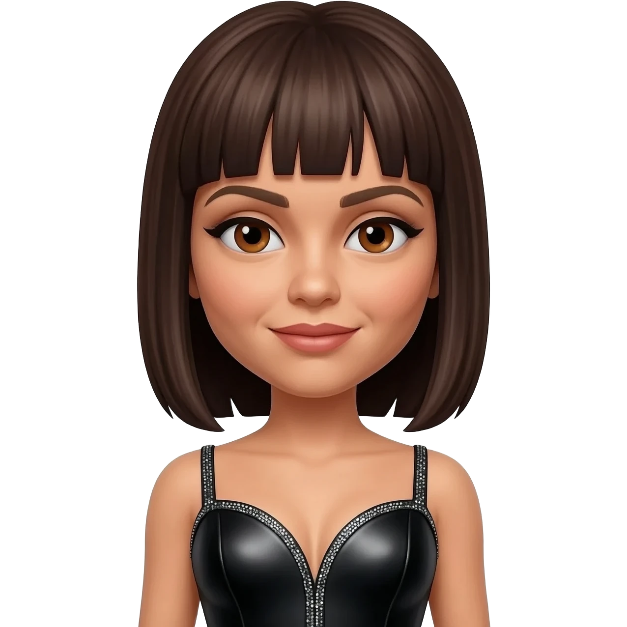 Posh Spice from Spice Girls with brown eyes, straight dark brown hair, black metallic sweetheart dress emoji
