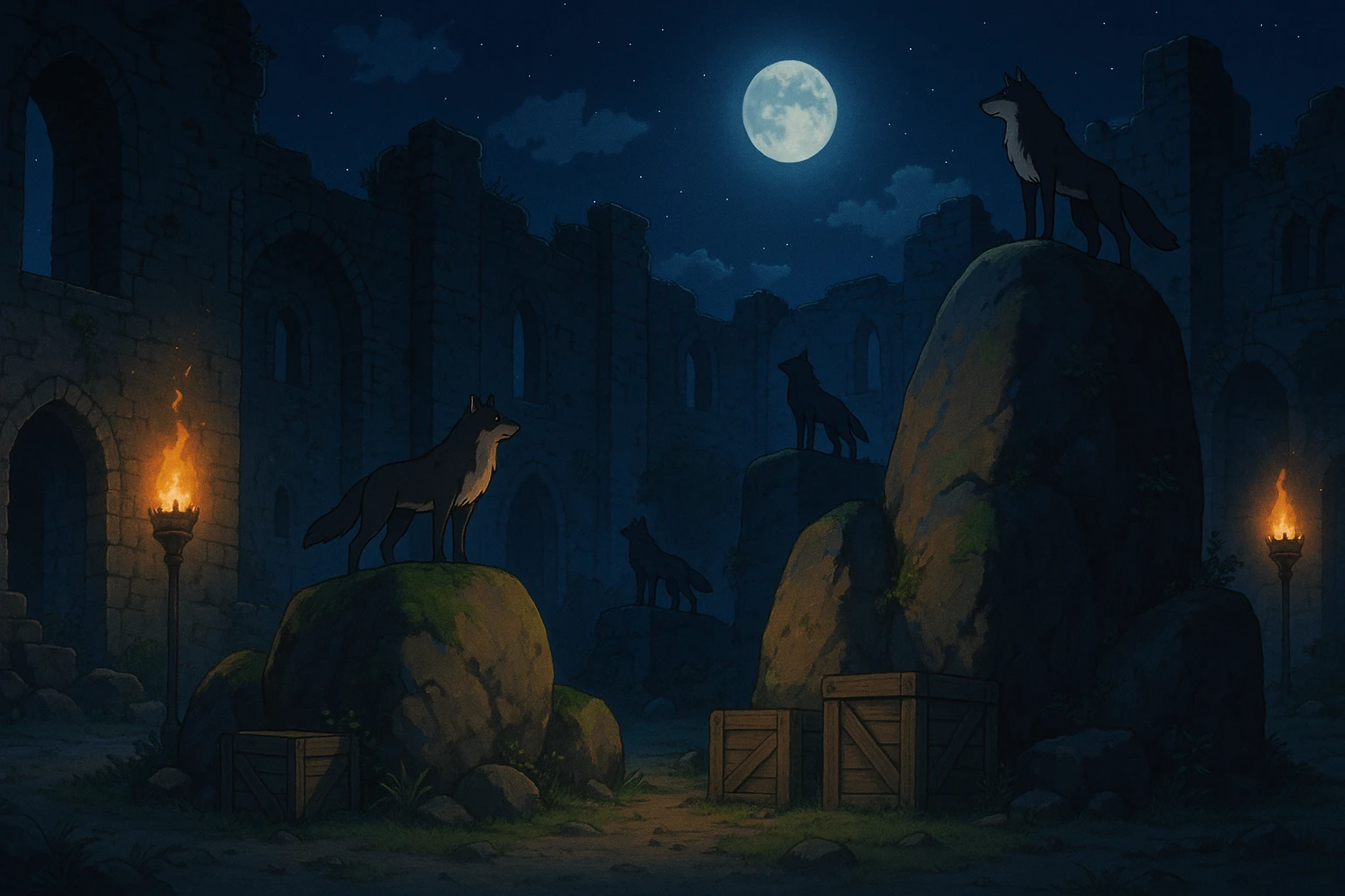 midnight within the ruins of abandoned castle yard, protrude boulders with climbing wolves, amid iron torches and crates tucked behind emoji