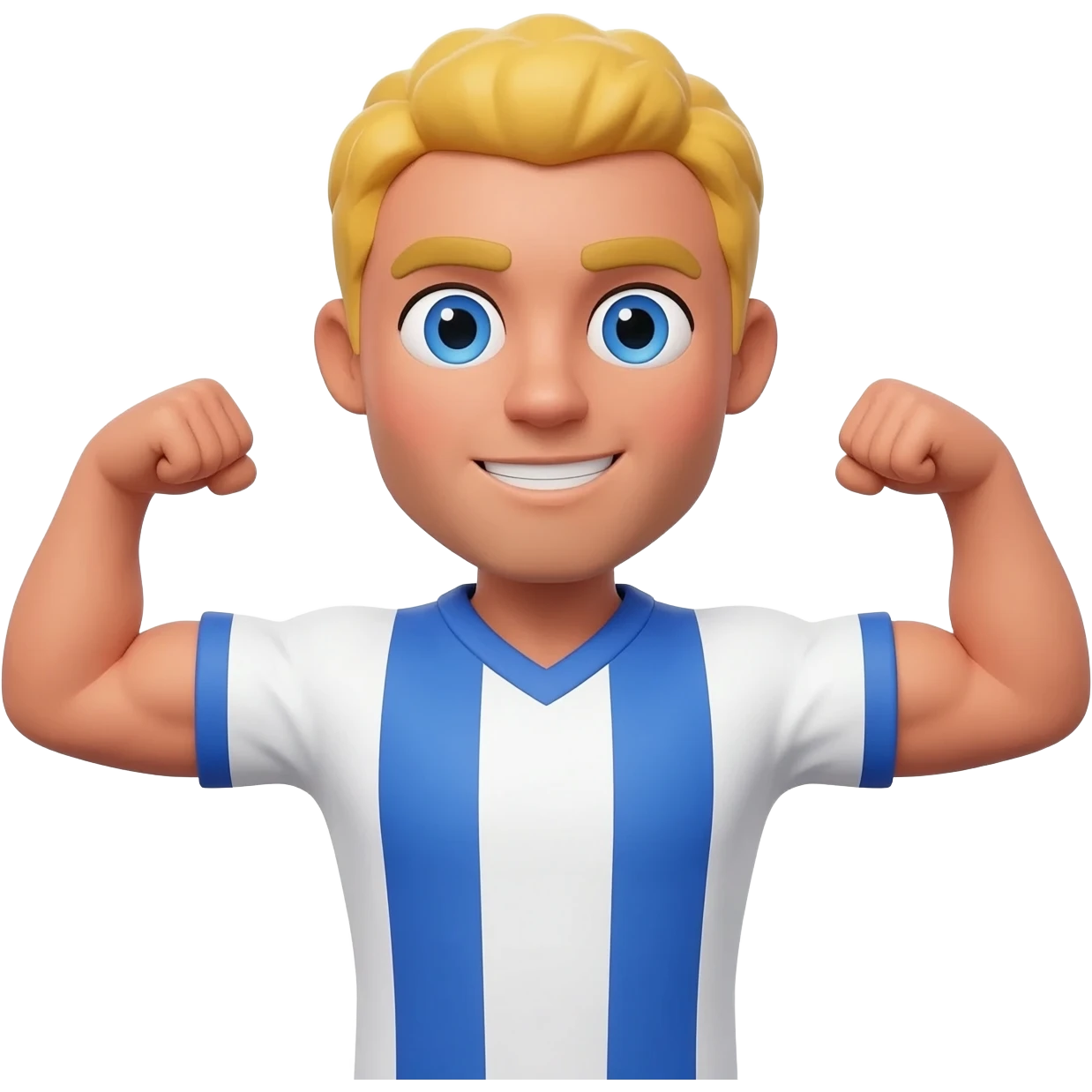 Minimalist 3D isometric emoji based on image_da3e50.png: blonde hair, blue eyes, tanned skin. Confident expression. Pose is front double bicep flex, showing simplified muscle definition. Same white and blue striped jersey. Clean, direct studio lighting. Isolated on pure seamless white background emoji