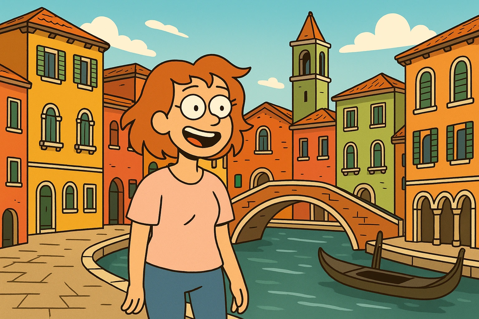 Venice, Italy, colorful houses and bridges, playful cartoon style emoji