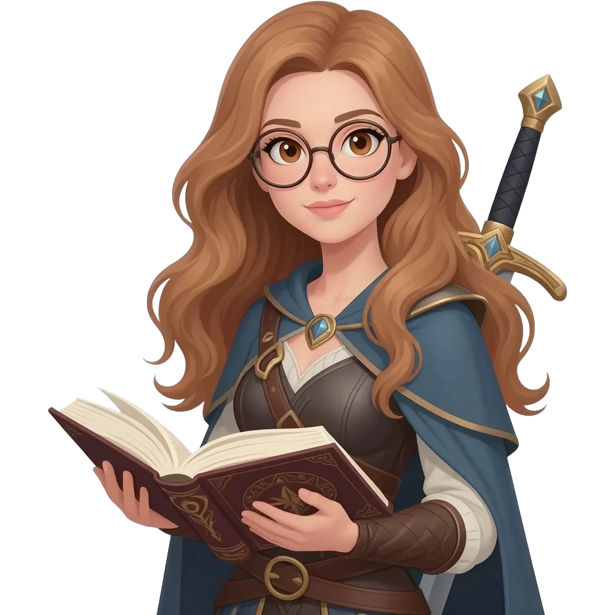 emoji style illustration of a woman with long light brown wavy hair, light brown eyes and round glasses holding an open book, with a sword on her back, fantasy heroine reader aesthetic emoji