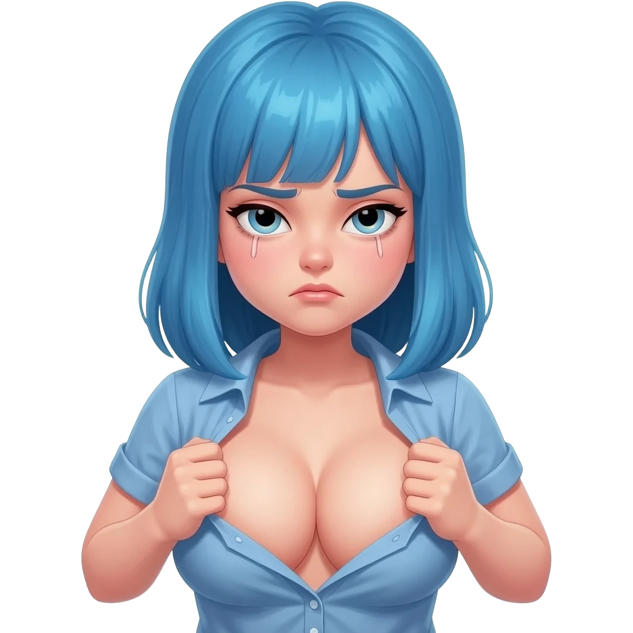A girl with blue hair pulling her shirt up and showing her massive boobs make her ugly emoji