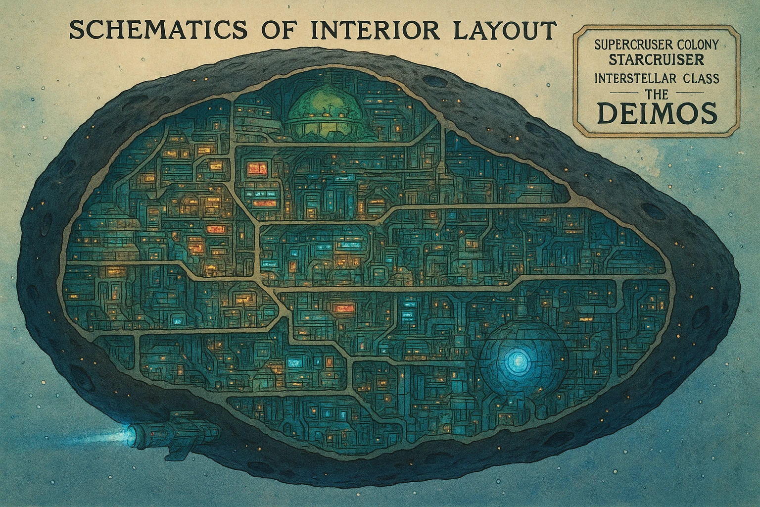 futuristic cyberpunk schematics cutaway exploration map of a supercarrier colony starcruiser, interstellar class, built within a monolithic asteoid - the Deimos emoji