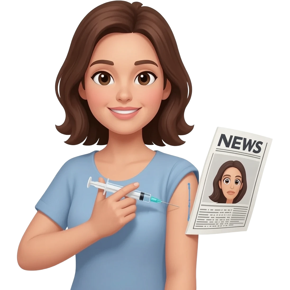 mujer inyectandose con una jeringuilla que pone noticias emoji