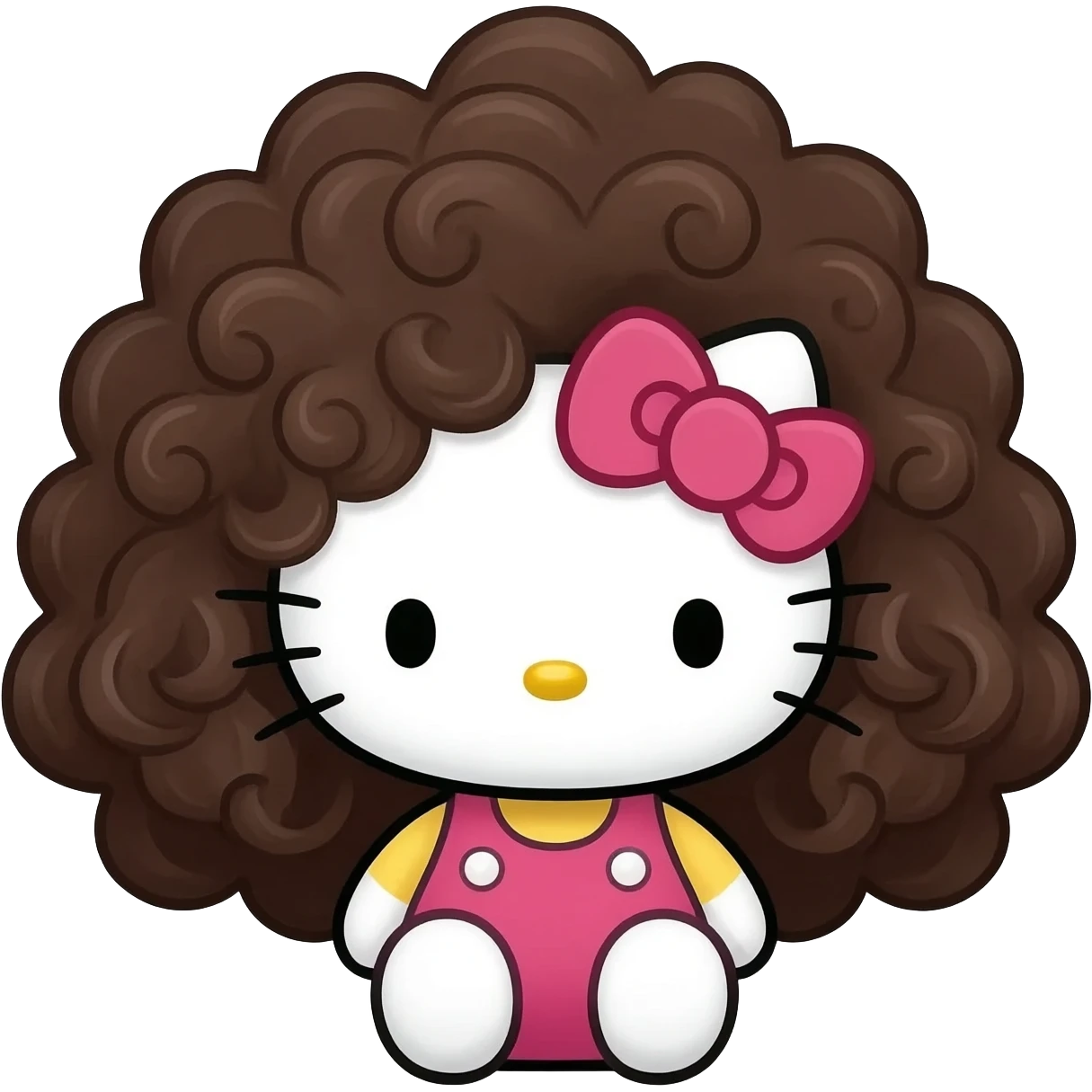 Hell Kitty com cabelo cacheado lindo e castanho escuro e franjinha cacheada emoji