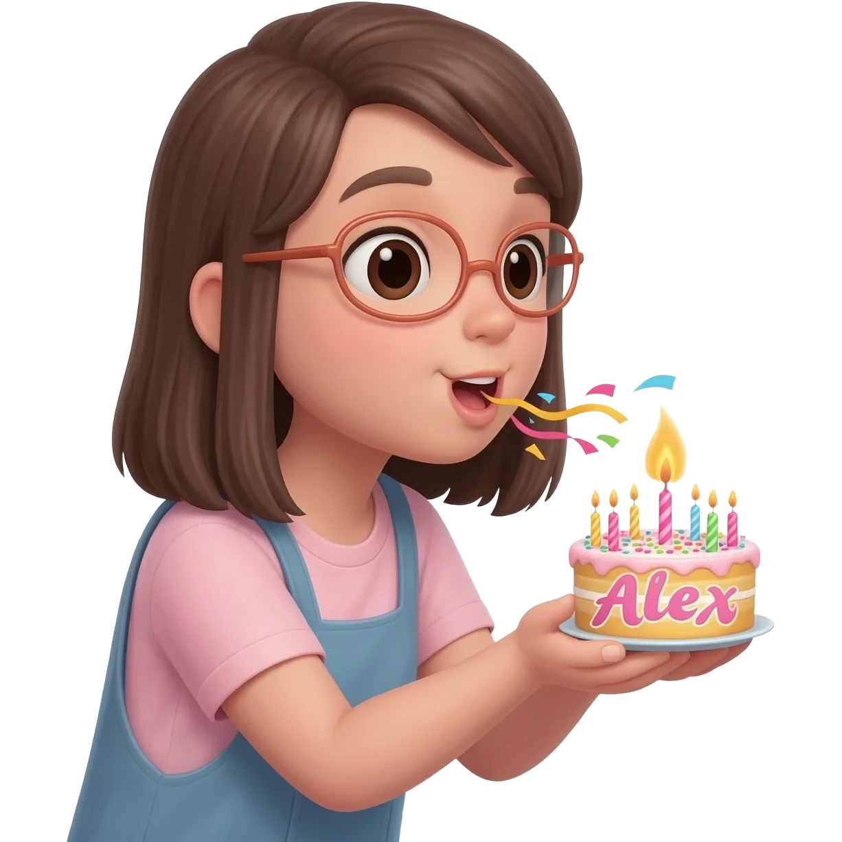 Gözlüklü düz kahverengi saçlı doğum günü pastası üfleyen kız ve pastada alex yazsın emoji
