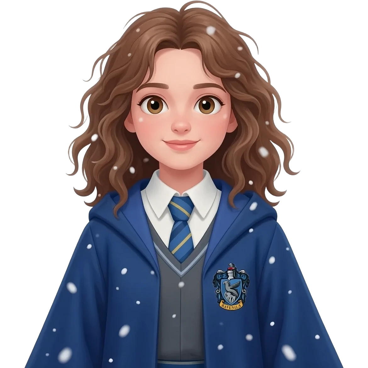 a girl with messy wavy hair in a blue Ravenclaw robe, she's standing in the snow emoji