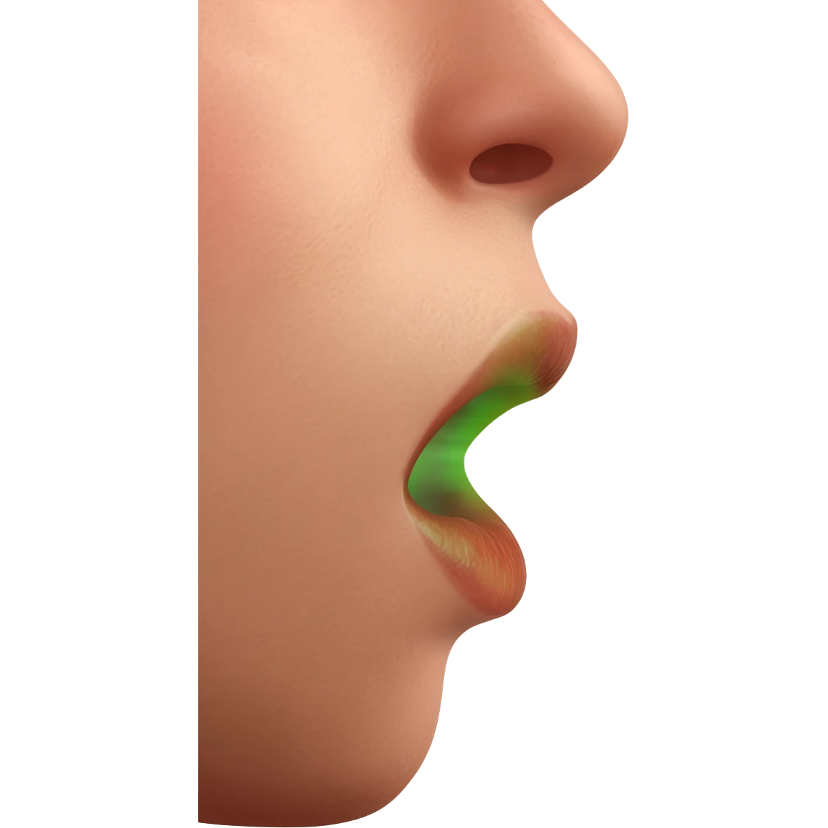 close-up side profile of a person’s lower face with mouth open, exhaling a visible green mist representing bad breath, medical illustration style, focus on lips and airflow, realistic skin texture, symbolic visualization of halitosis emoji