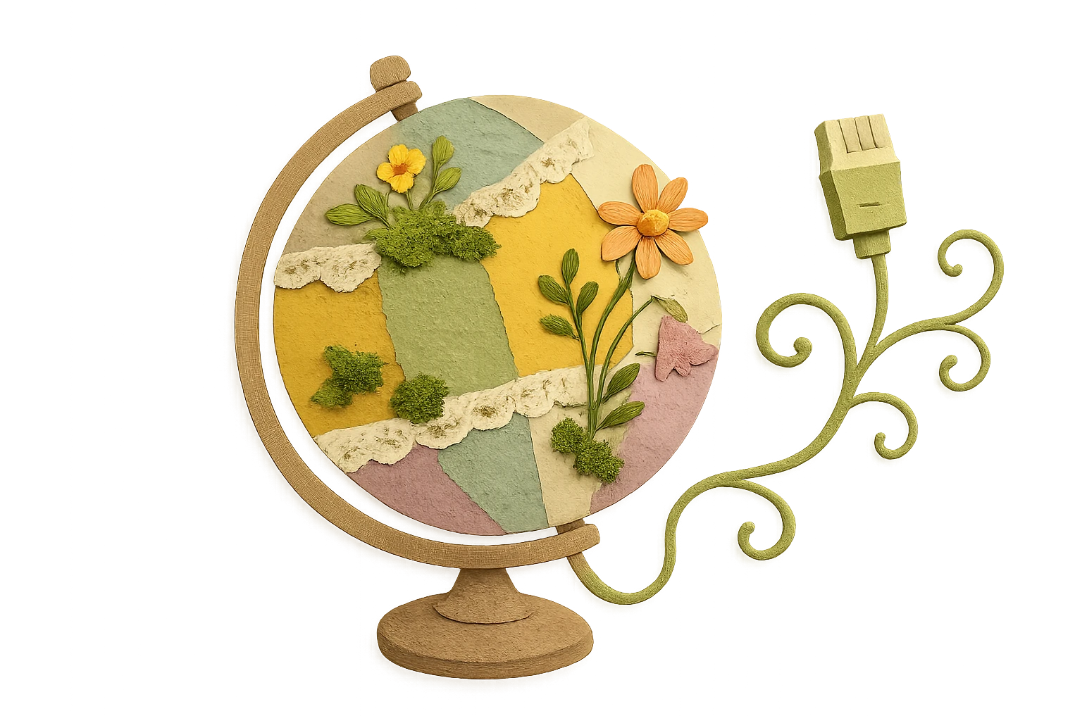 whimsical cottagecore globe with ethernet, globe as patchwork of fabric and lace with wildflowers and moss, ethernet cable as curling vine, cozy rustic homey style emoji