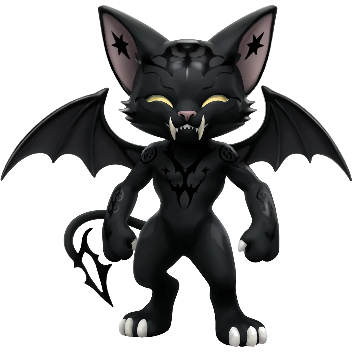 dark spooky badass cool shiny glossy smooth soft Black edgy Noivern-Noibat-Purloin-Torracat-Lykoi-Caracal-cat-Fakemon-fusion-hybrid-creature with bat wings on head as ears, big fangs, gothic markings emoji