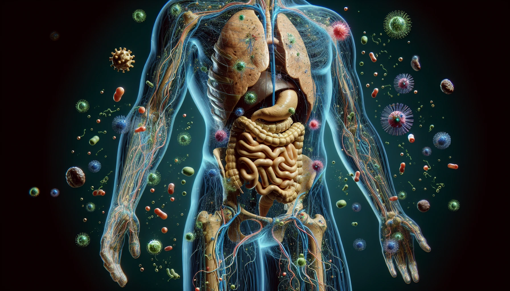 corpo umano anatomico che accumula tossine e virus e malattie nel corpo , iperrealistico 4k emoji