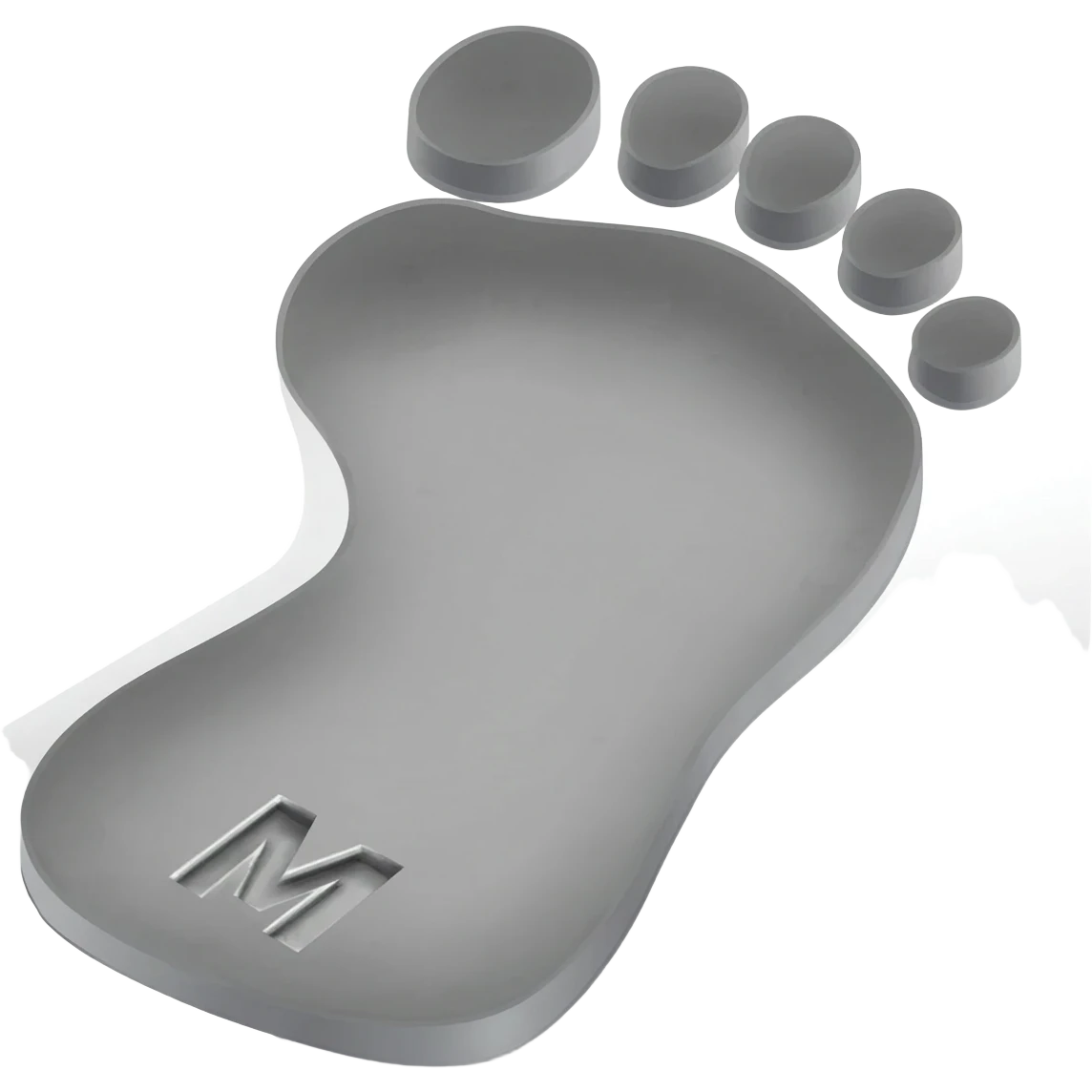 Minimalist 3D emoji: two stylized, bare footprints pressed deeply into soft, wet concrete. Textured surface. Engraved inside the heel of the leading footprint is a small, sharp chrome geometric 'M'. Isometric view, isolated on white. emoji