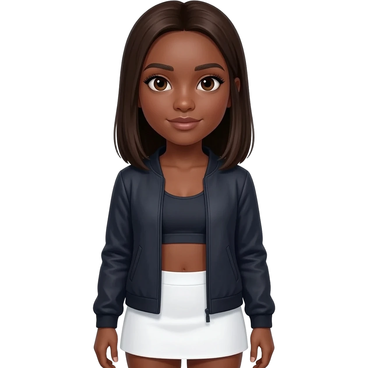 A girl with brown olive skin very very dark brown hair pretty dark brown eyes with long natural eyelashes wearing a lulu lemon tang top and jacket allong with a white mini skirt  straight medium length hair emoji
