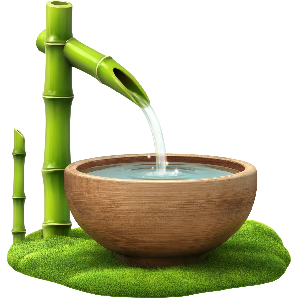 Shiny sparkly glittery beautiful elegant pretty precious divine Japanese zen garden vintage old bamboo fountain with a beautiful wooden bowl underneath aesthetic scenery  emoji