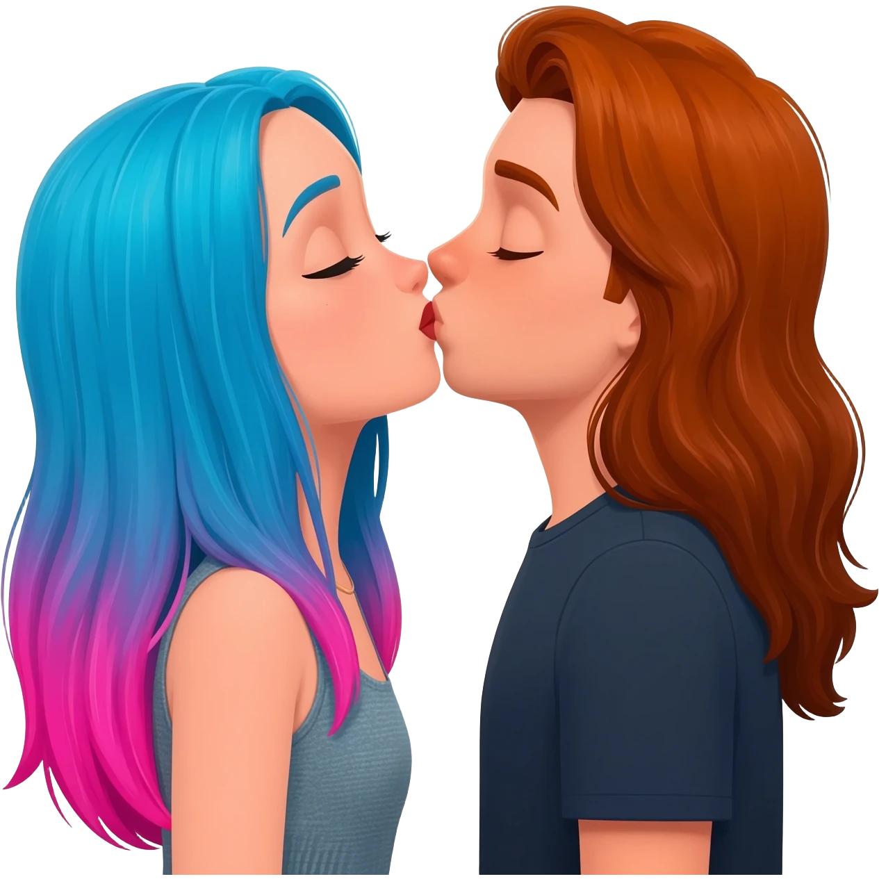 lesbians kissing, one has long blue and pink hair, the other has long auburn hair emoji