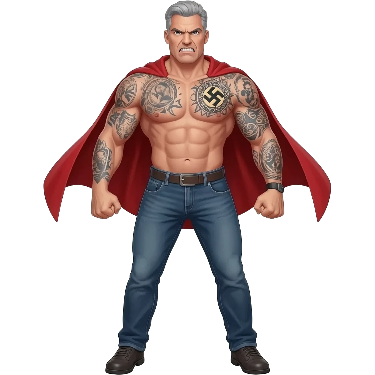 an angry Pete Hegseth with Grey hair shirtlesswith nazi tattoos in a realistic style, powering up like a super hero in a photo realistic unflattering style, full body, shirtless wearing jeans, full body emoji