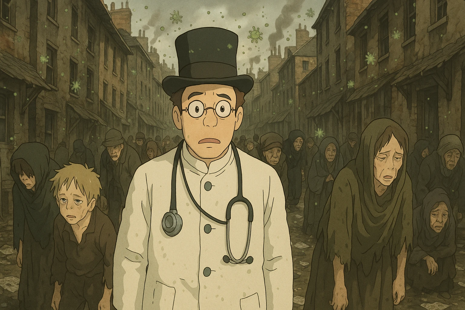An early victorian slum area of London in the 1800s which is overpopulated, dirty and lots of waste on the floor.  There are ill looking people with germs in the air.  In the foreground is a confused looking doctor emoji