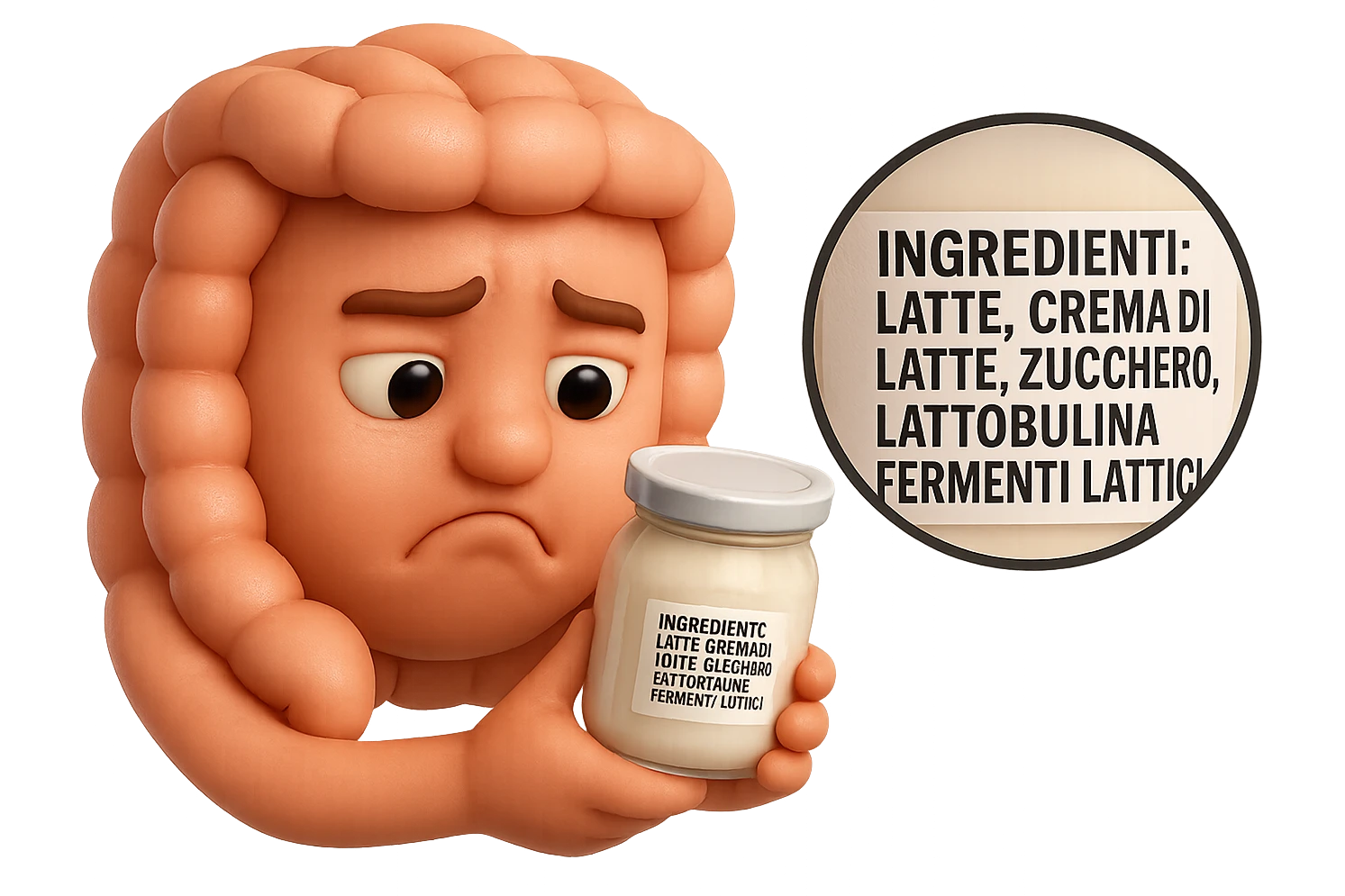 SU QUESTO STILE FAI UN EMOJI STILE IPHONE 3D DI UN INTESTINO CHE HA IN MANO UN BARATTOLO DI YOGURT CONFEZIONATO DA SUPERMERCATO E LEGGE L'ETICHETTA NUTRIZIONALE CON GLI INGREDIENTI IN ITALIANO, ACCANTO ALLO YOGURT CHE HA IN MANO C'è UN FOCUS SULL'ETICHETTA CON GLI INGREDIENTI SCRITTI, FAGLI UN ESPRESSIONE CONFUSA MENTRE LEGGE E FALLO MOLTO REALISTICO IN 3D emoji