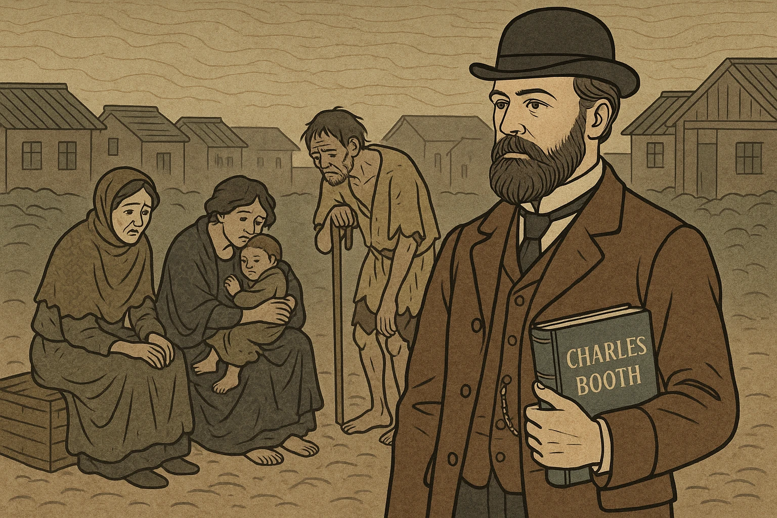 A 1900s victorian man with a beard holding a book with the words Charles Booth while standing in front of people in poverty emoji
