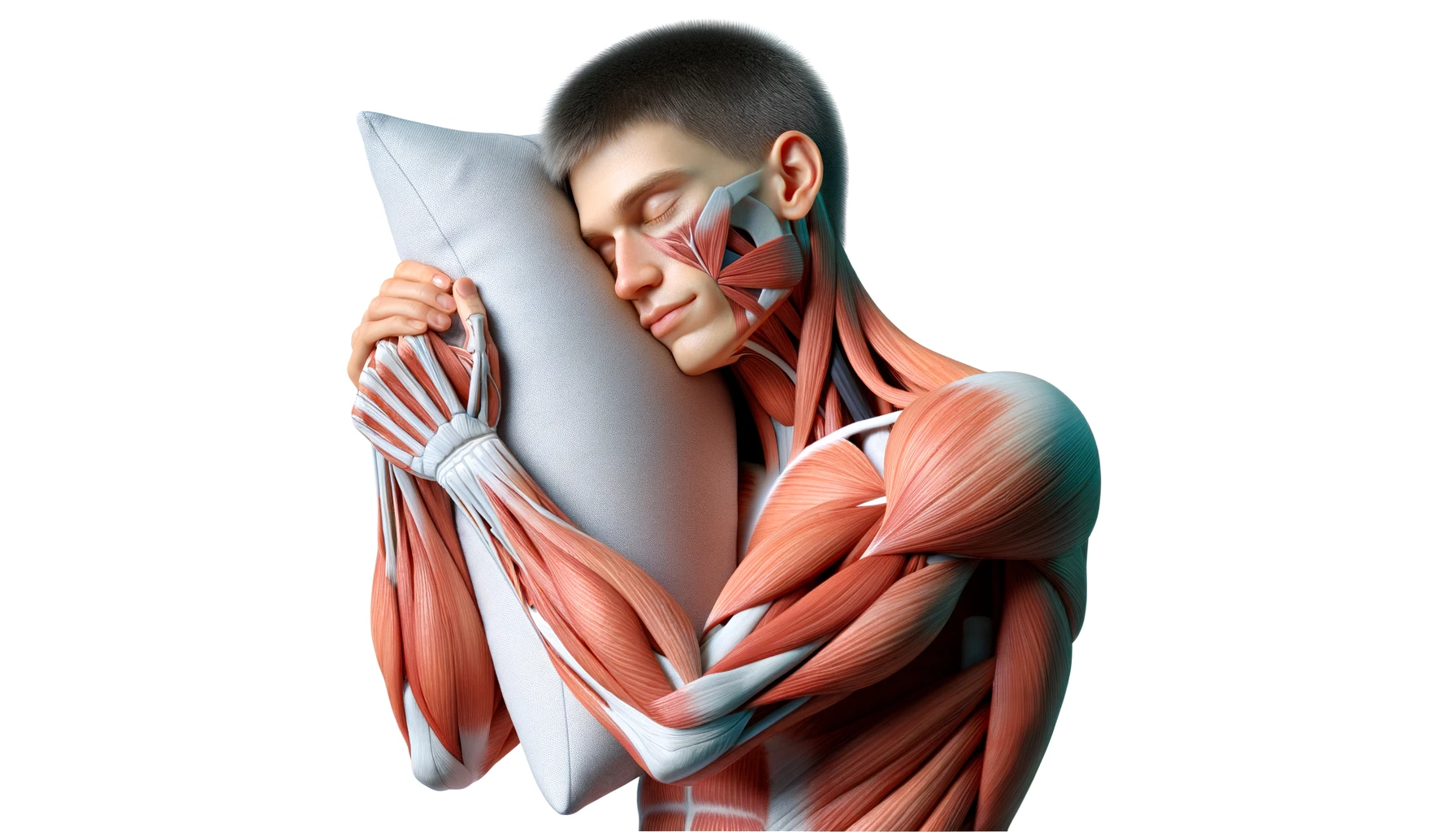 corpo umano anatomico con capelli corti che dorme sereno abbracciato al cuscino, muscoli e organi in evidenza, ha l'espressione rilassata, visto dal fianco iperrealistica 4k, isolato su sfondo bianco emoji